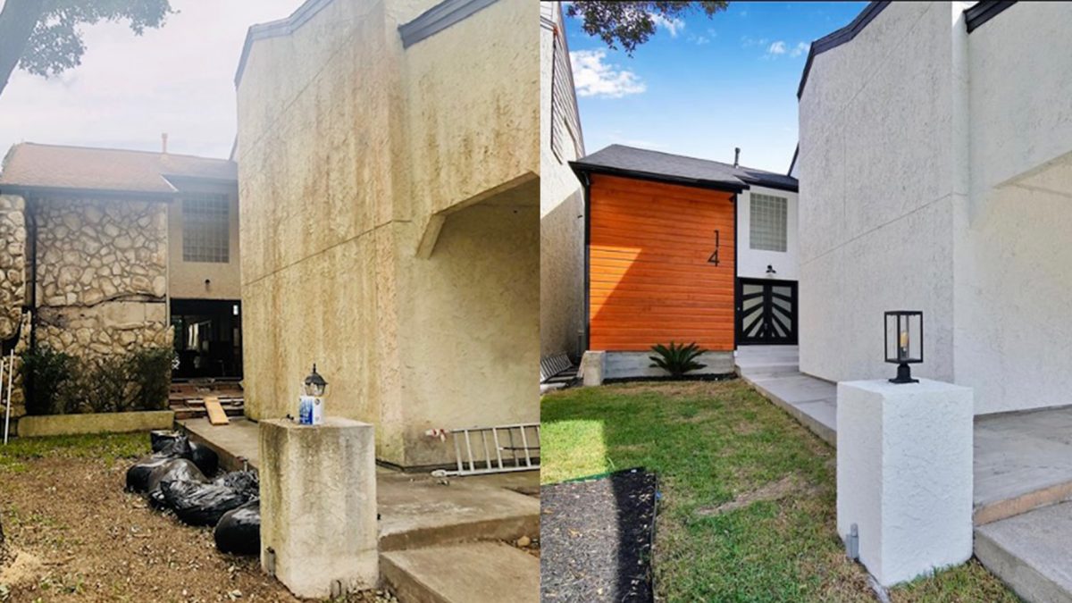 Before and after exterior house wall cleaning transformation.