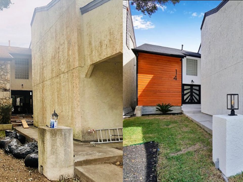 Before and after exterior house wall cleaning transformation.
